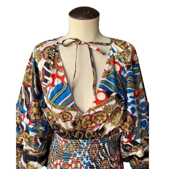 NWT RHODE Anya Printed Blouson-Sleeve Smocked Dress In Chain Print - Picture 5 of 13